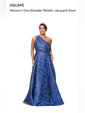 Xscape One-Shoulder Metallic Jacquard Gown in Blue